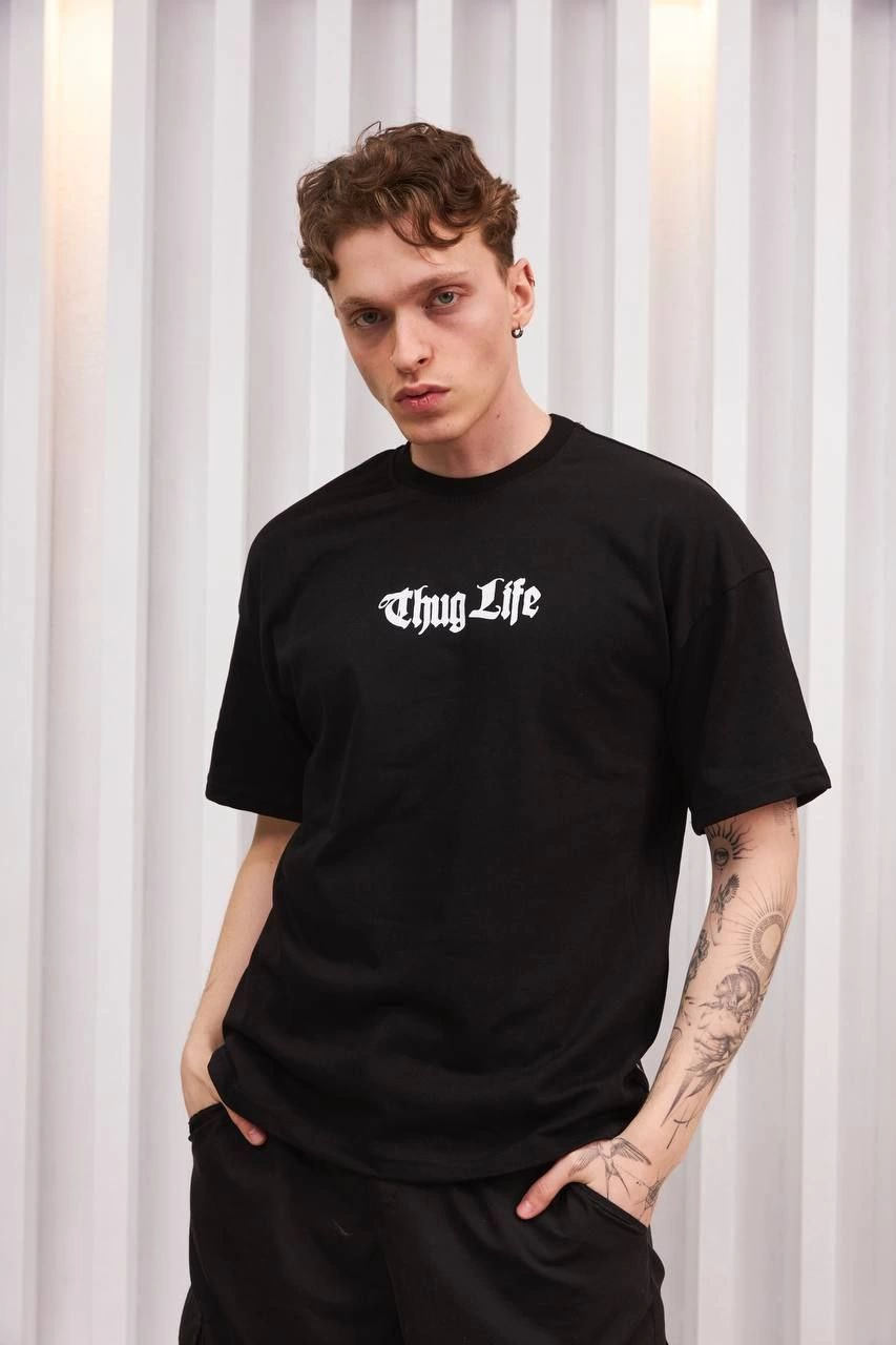 Bisiklet Yaka Baskılı Oversize T-Shirt - Siyah -