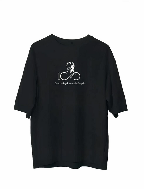 Bisiklet Yaka Baskılı Oversize T-Shirt - Siyah -