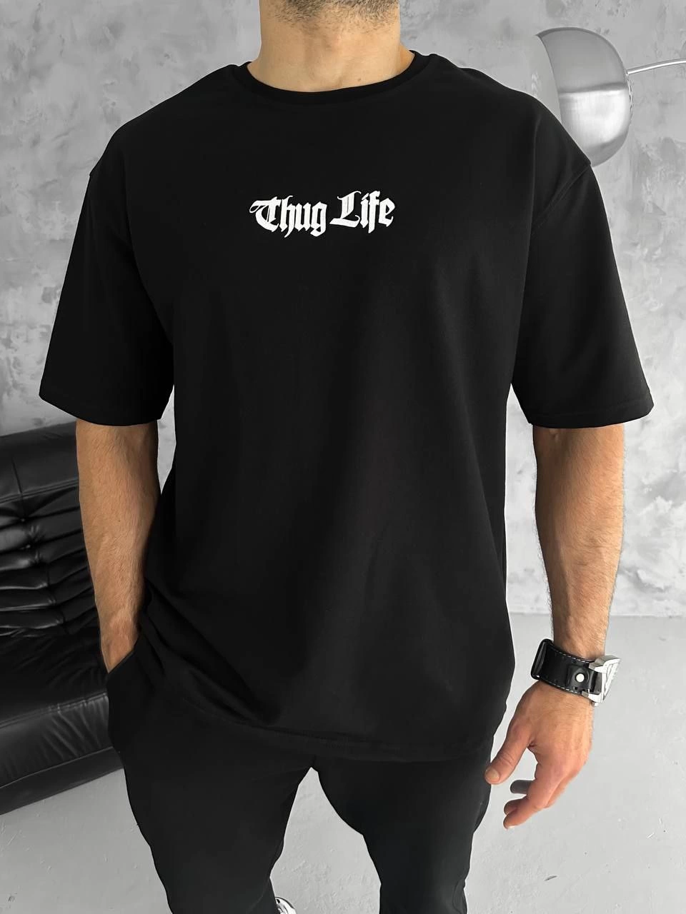 Bisiklet Yaka Baskılı Oversize T-Shirt - Siyah -