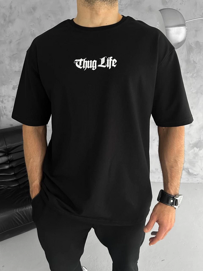 Bisiklet Yaka Baskılı Oversize T-Shirt - Siyah -