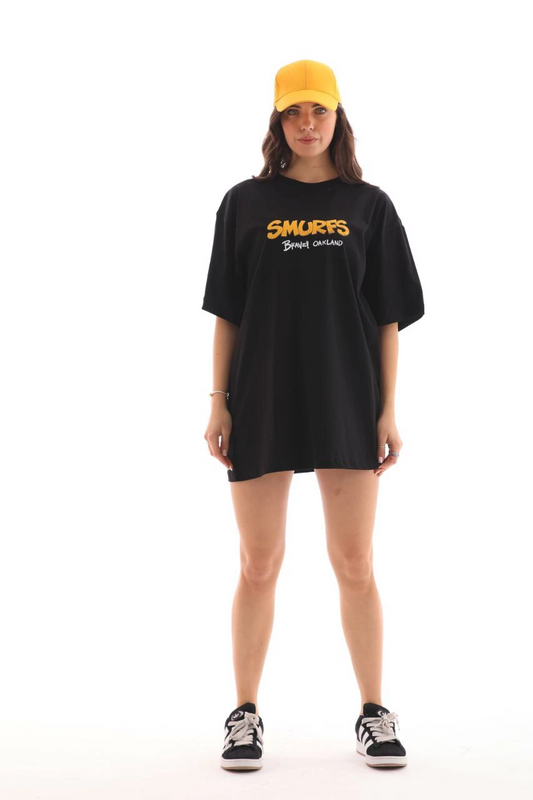 Bisiklet Yaka Baskılı Oversize T-Shirt - Siyah -