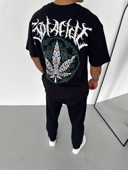 Bisiklet Yaka Baskılı Oversize T-Shirt - Siyah -