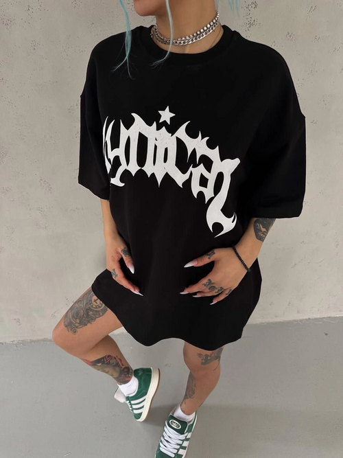 Bisiklet Yaka Baskılı Oversize T-Shirt - Siyah -