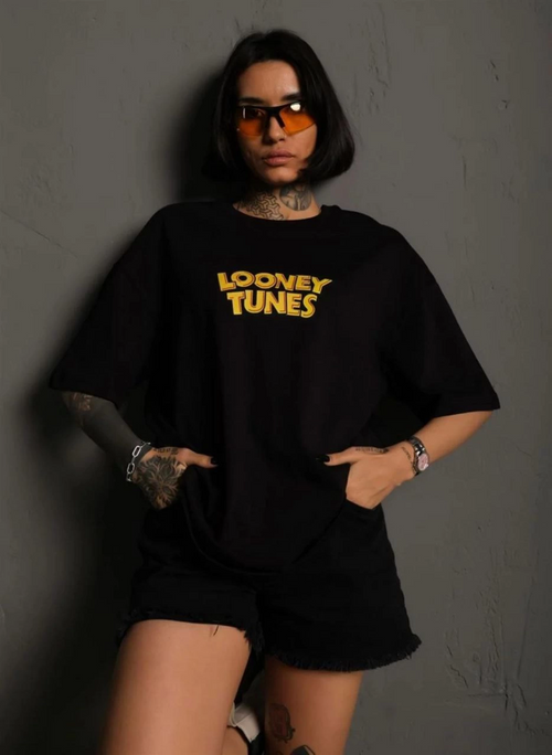 Bisiklet Yaka Baskılı Oversize T-Shirt - Siyah -