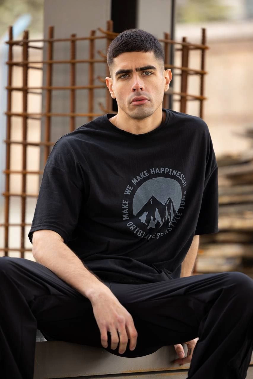 Bisiklet Yaka Baskılı Oversize T-Shirt - Siyah -