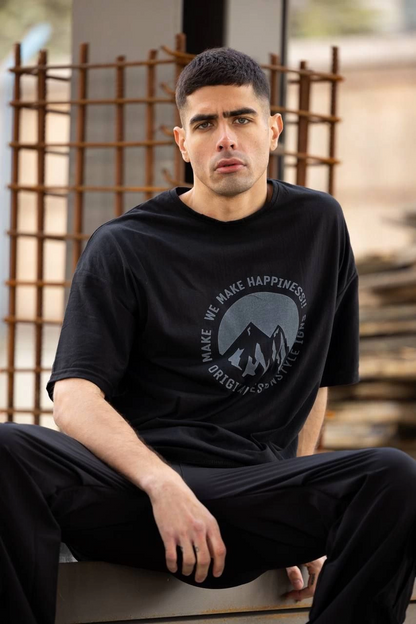 Bisiklet Yaka Baskılı Oversize T-Shirt - Siyah -