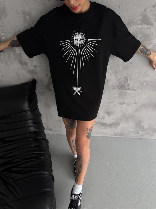 Bisiklet Yaka Baskılı Oversize T-Shirt - Siyah