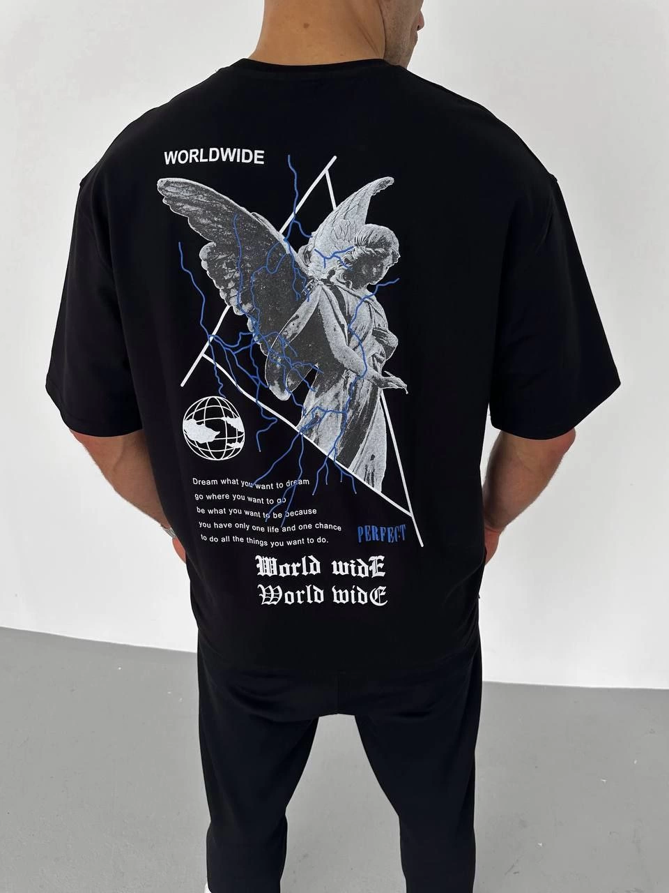 Bisiklet Yaka Baskılı Oversize T-Shirt - Siyah -