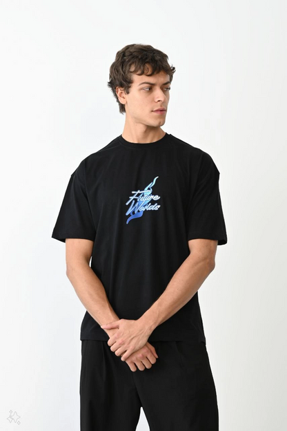 Bisiklet Yaka Baskılı Oversize T-Shirt - Siyah -