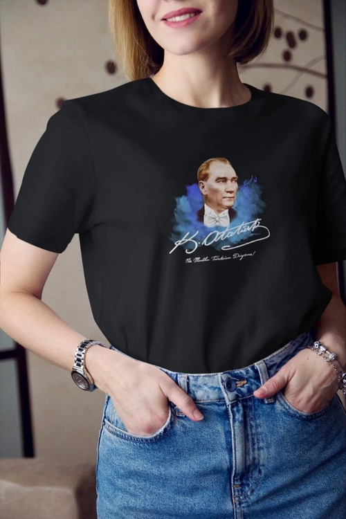 Bisiklet Yaka Baskılı Oversize T-Shirt - Siyah -