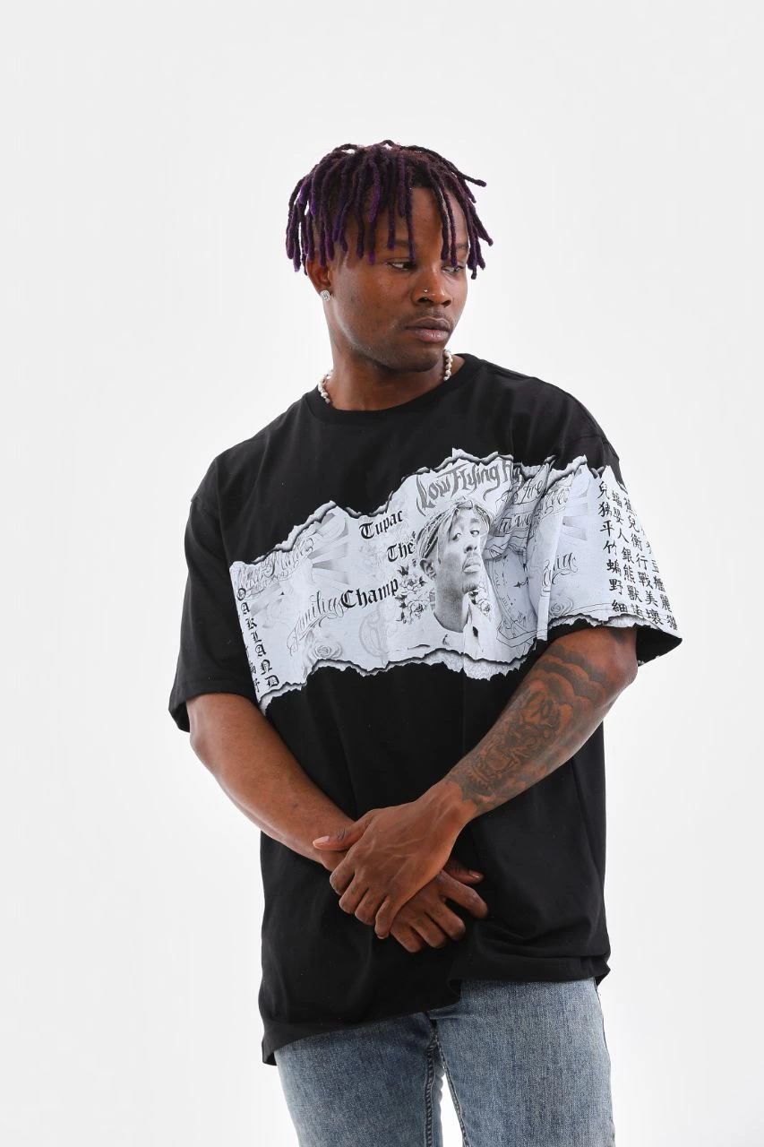 Bisiklet Yaka Baskılı Oversize T-Shirt - Siyah -