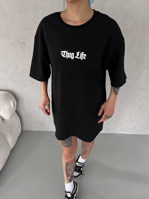 Bisiklet Yaka Baskılı Oversize T-Shirt - Siyah -