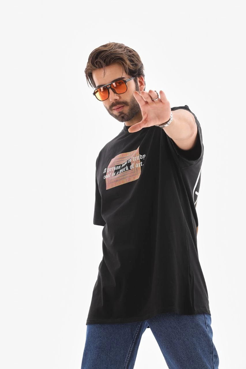 Bisiklet Yaka Baskılı Oversize T-Shirt - Siyah -
