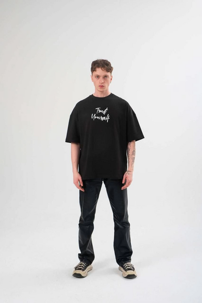 Bisiklet Yaka Baskılı Oversize T-Shirt - Siyah -