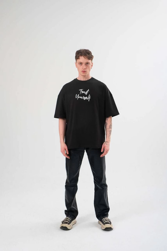 Bisiklet Yaka Baskılı Oversize T-Shirt - Siyah -