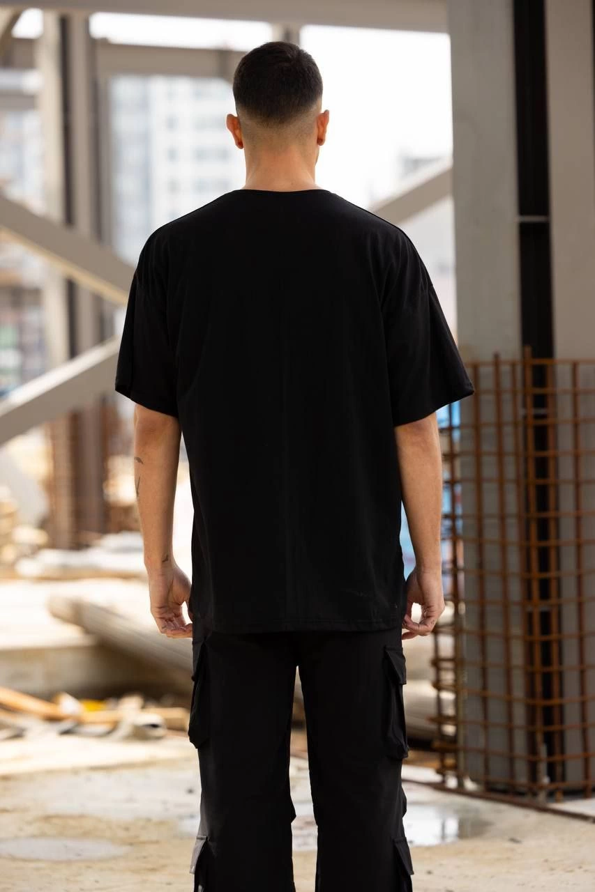 Bisiklet Yaka Baskılı Oversize T-Shirt - Siyah -