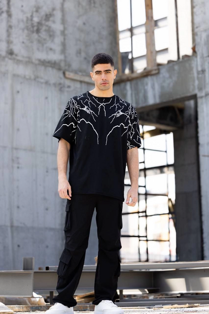 Bisiklet Yaka Baskılı Oversize T-Shirt - Siyah