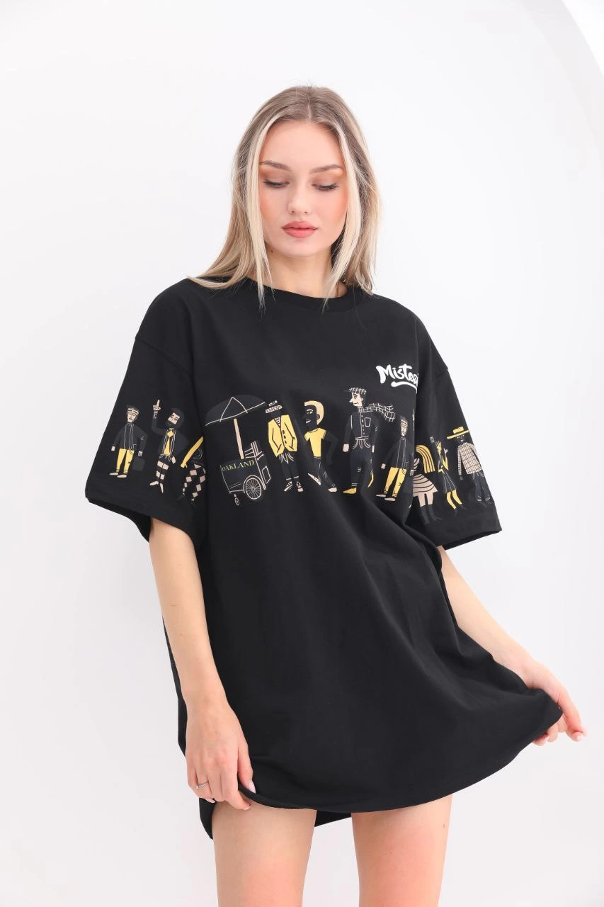 Bisiklet Yaka Baskılı Oversize T-Shirt - Siyah -