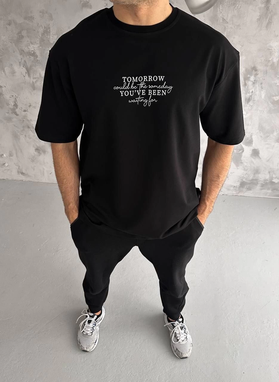 Bisiklet Yaka Baskılı Oversize T-Shirt - Siyah -