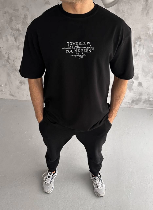 Bisiklet Yaka Baskılı Oversize T-Shirt - Siyah -