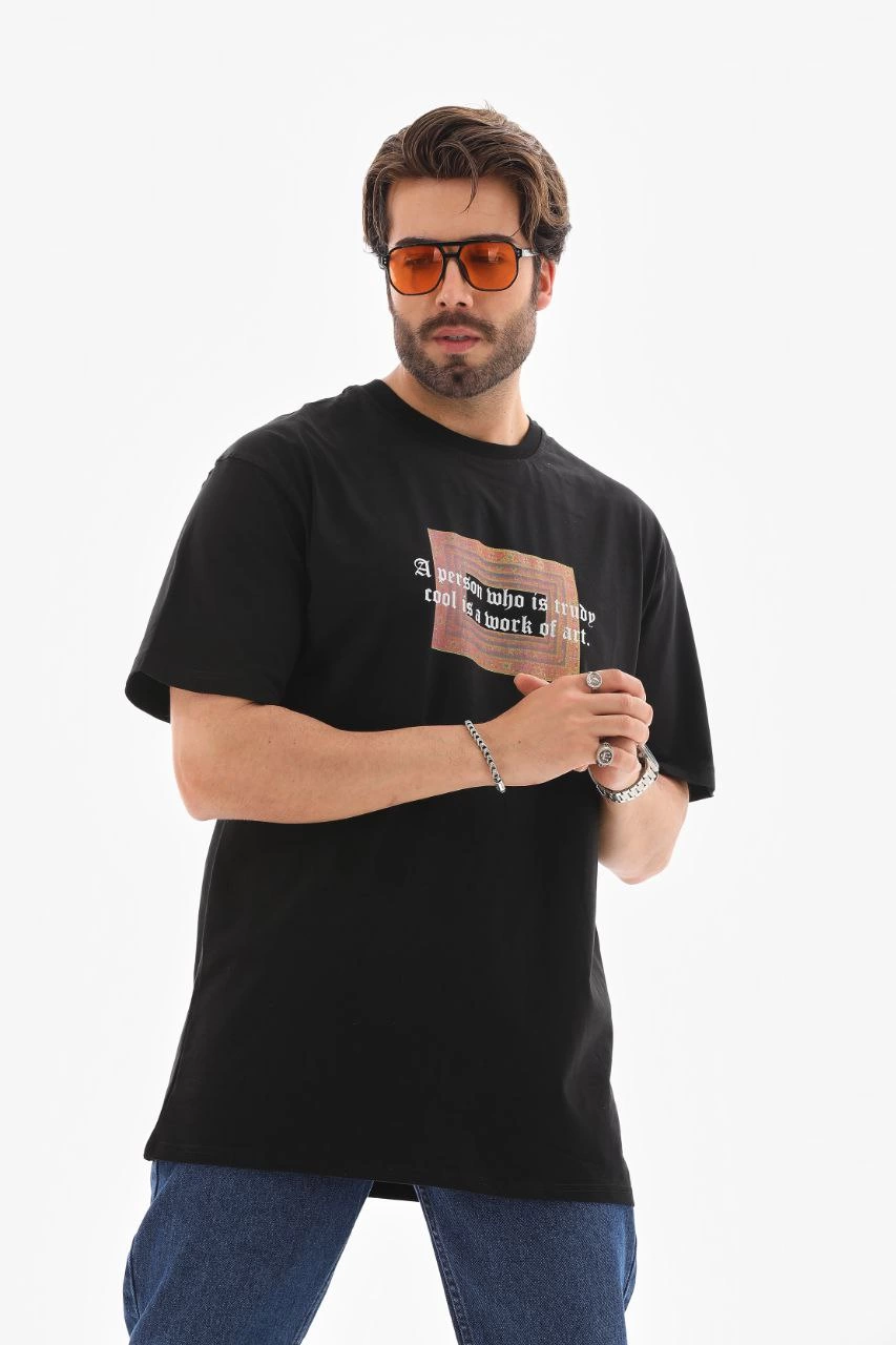 Bisiklet Yaka Baskılı Oversize T-Shirt - Siyah -