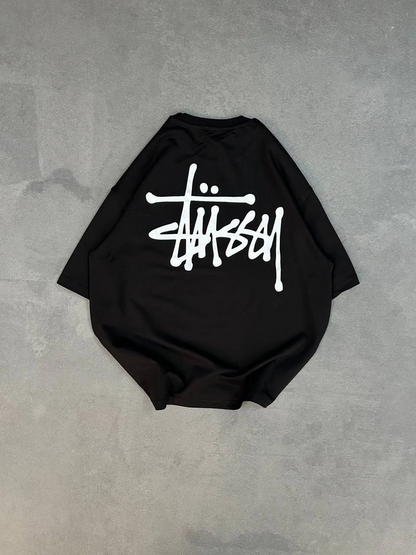 Bisiklet Yaka Baskılı Oversize T-Shirt - Siyah -