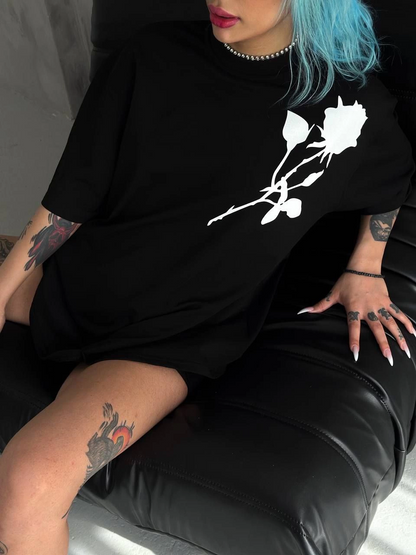 Bisiklet Yaka Baskılı Oversize T-Shirt - Siyah -