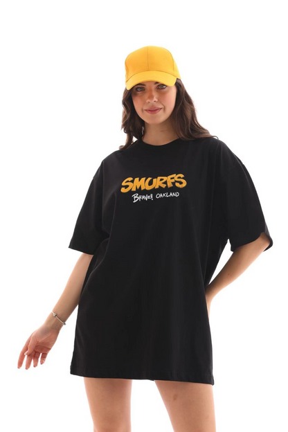Bisiklet Yaka Baskılı Oversize T-Shirt - Siyah -