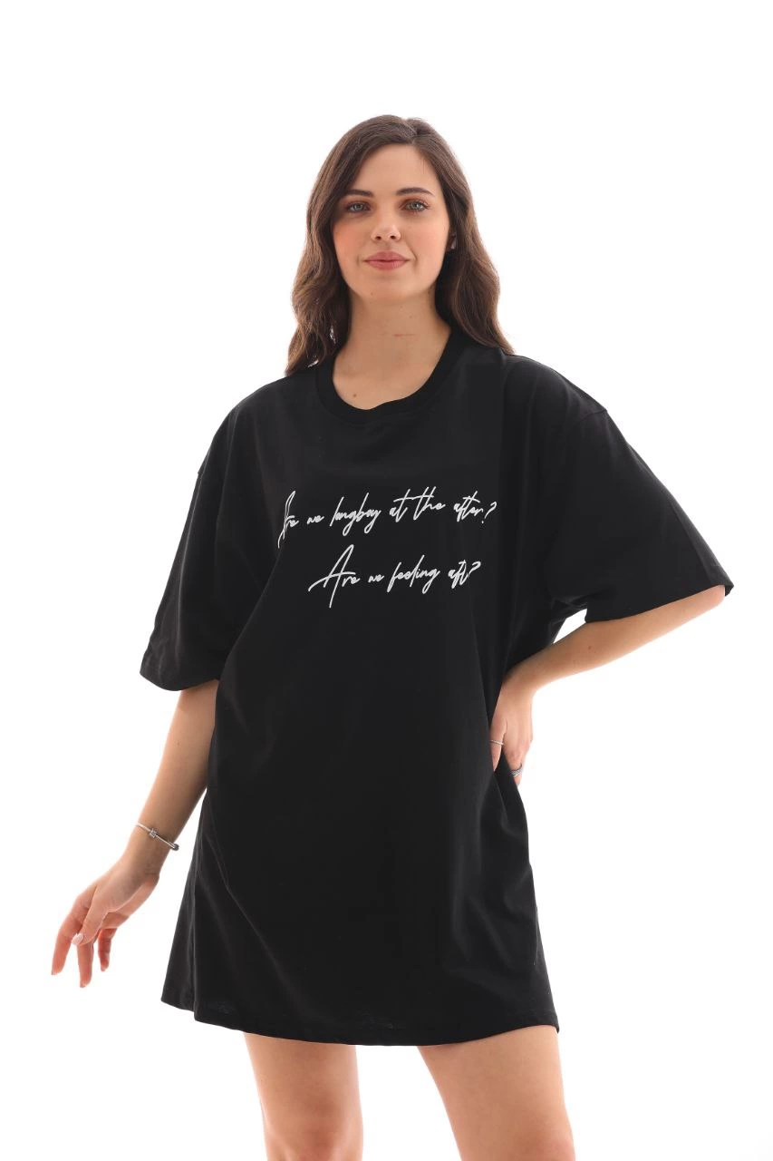 Bisiklet Yaka Baskılı Oversize T-Shirt - Siyah