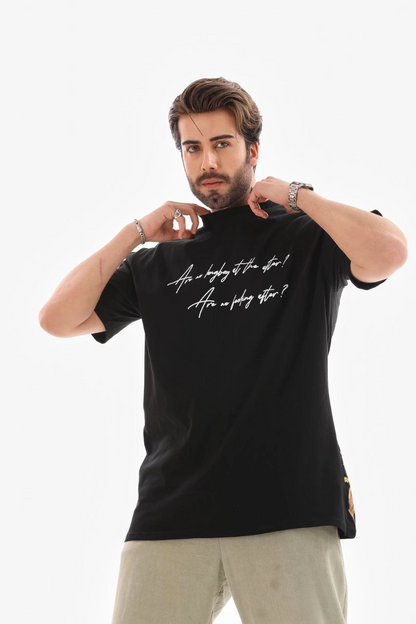 Bisiklet Yaka Baskılı Oversize T-Shirt - Siyah