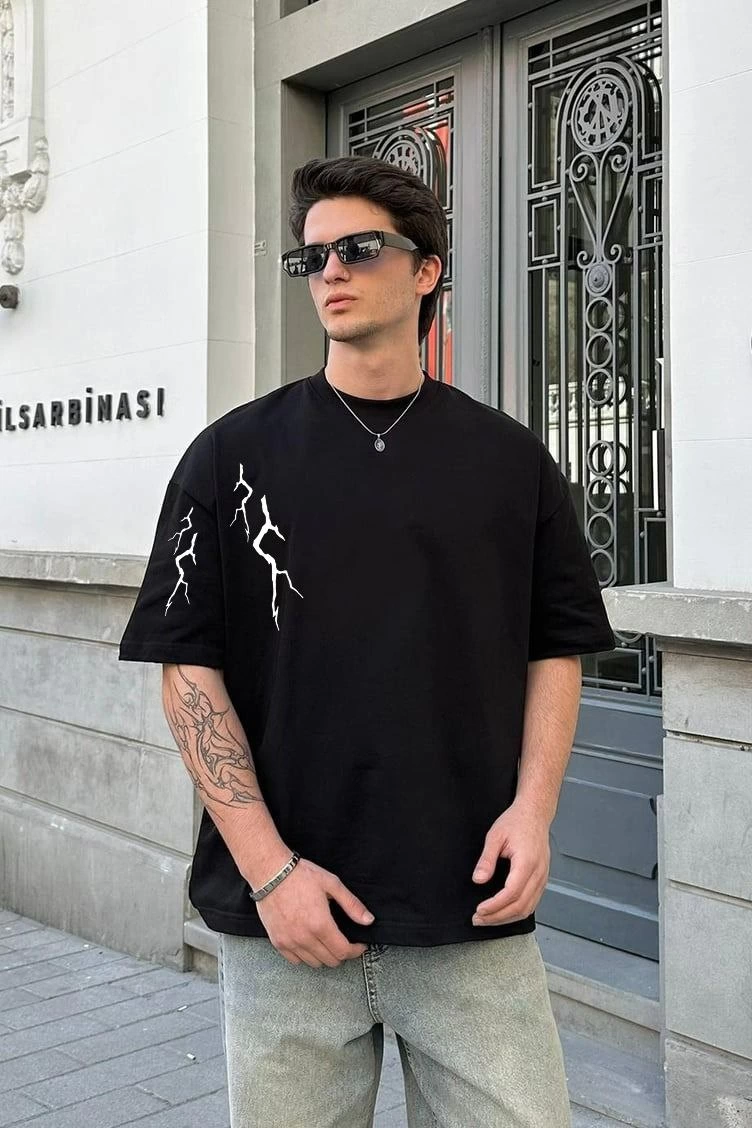 Bisiklet Yaka Baskılı Oversize T-Shirt - Siyah -
