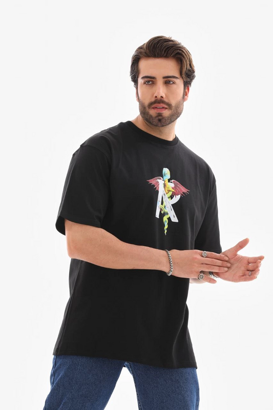 Bisiklet Yaka Baskılı Oversize T-Shirt - Siyah -
