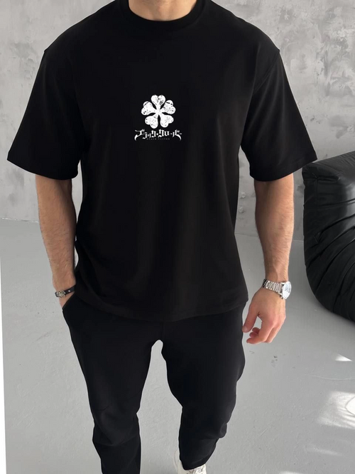 Bisiklet Yaka Baskılı Oversize T-Shirt - Siyah -