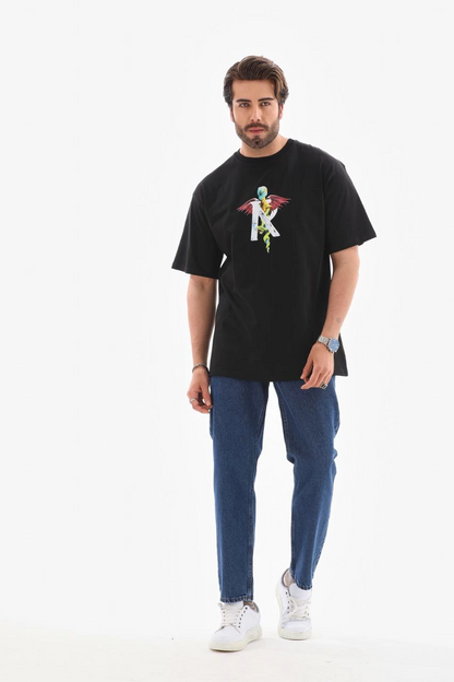 Bisiklet Yaka Baskılı Oversize T-Shirt - Siyah -