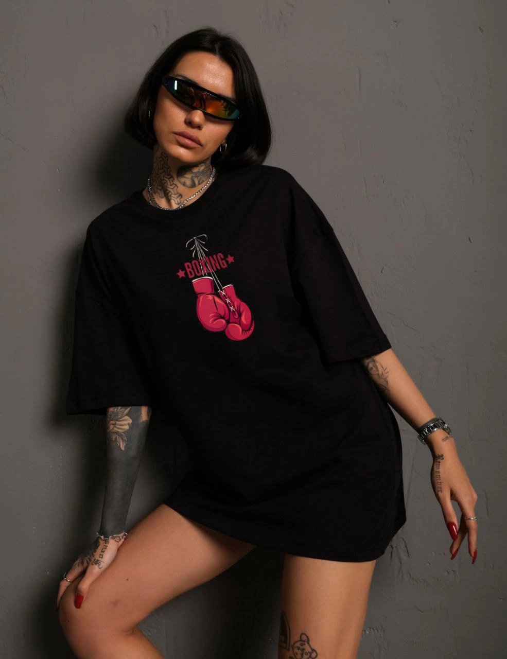 Bisiklet Yaka Baskılı Oversize T-Shirt - Siyah -