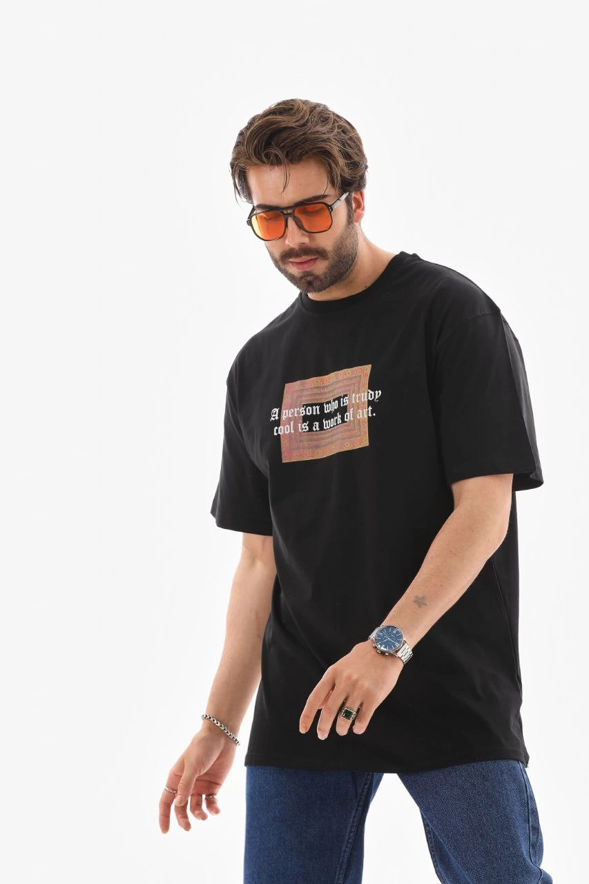 Bisiklet Yaka Baskılı Oversize T-Shirt - Siyah -