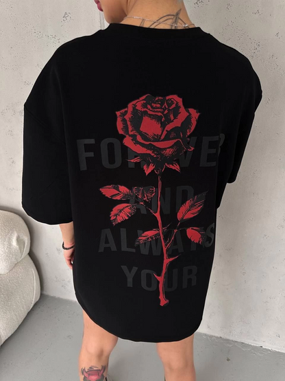 Bisiklet Yaka Baskılı Oversize T-Shirt - Siyah -