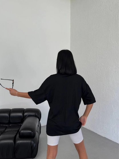 Bisiklet Yaka Baskılı Oversize T-Shirt - Siyah -