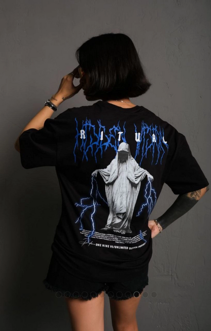 Bisiklet Yaka Baskılı Oversize T-Shirt - Siyah -