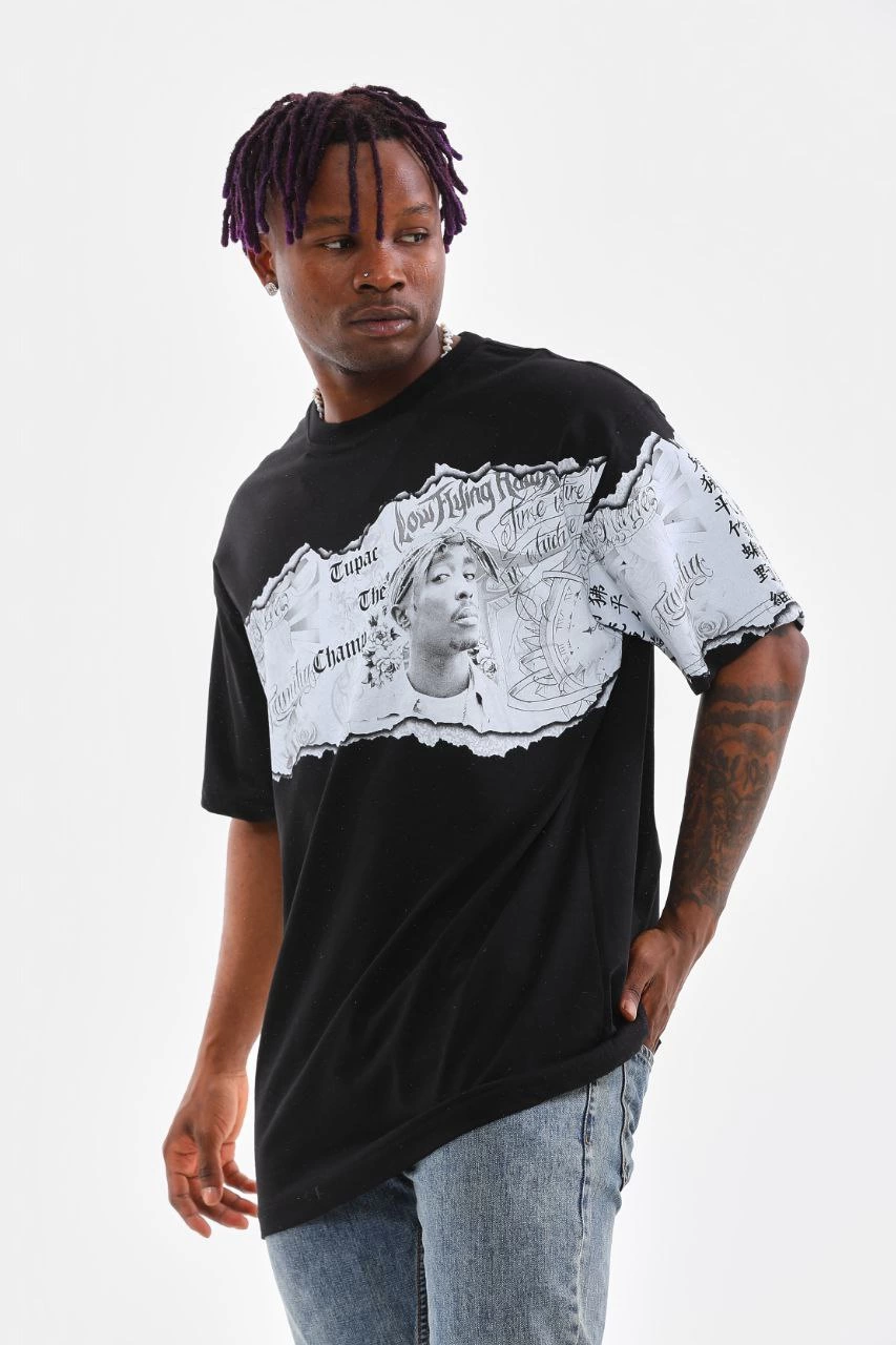 Bisiklet Yaka Baskılı Oversize T-Shirt - Siyah -