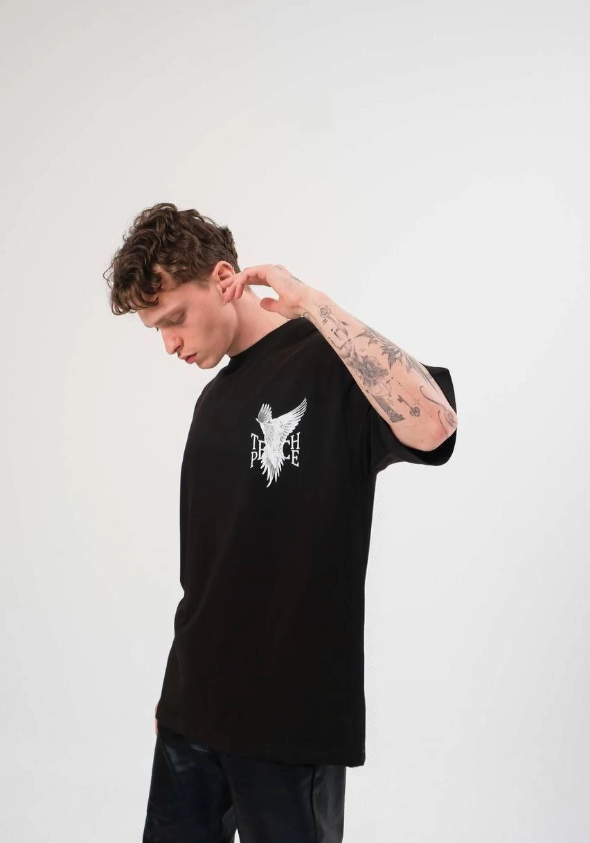 Bisiklet Yaka Baskılı Oversize T-Shirt - Siyah -