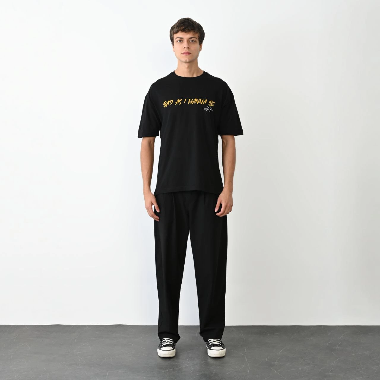 Bisiklet Yaka Baskılı Oversize T-Shirt - Siyah -