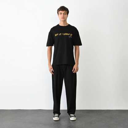 Bisiklet Yaka Baskılı Oversize T-Shirt - Siyah -