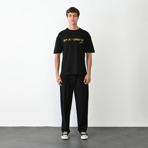 Bisiklet Yaka Baskılı Oversize T-Shirt - Siyah -