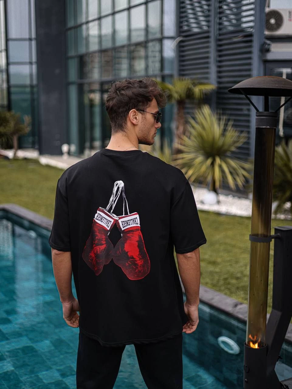Bisiklet Yaka Baskılı Oversize T-Shirt - Siyah -