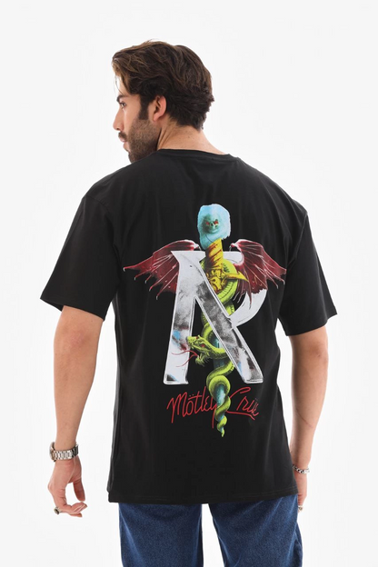 Bisiklet Yaka Baskılı Oversize T-Shirt - Siyah -