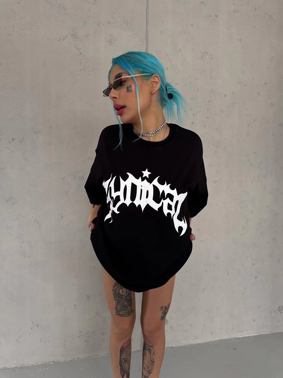 Bisiklet Yaka Baskılı Oversize T-Shirt - Siyah -