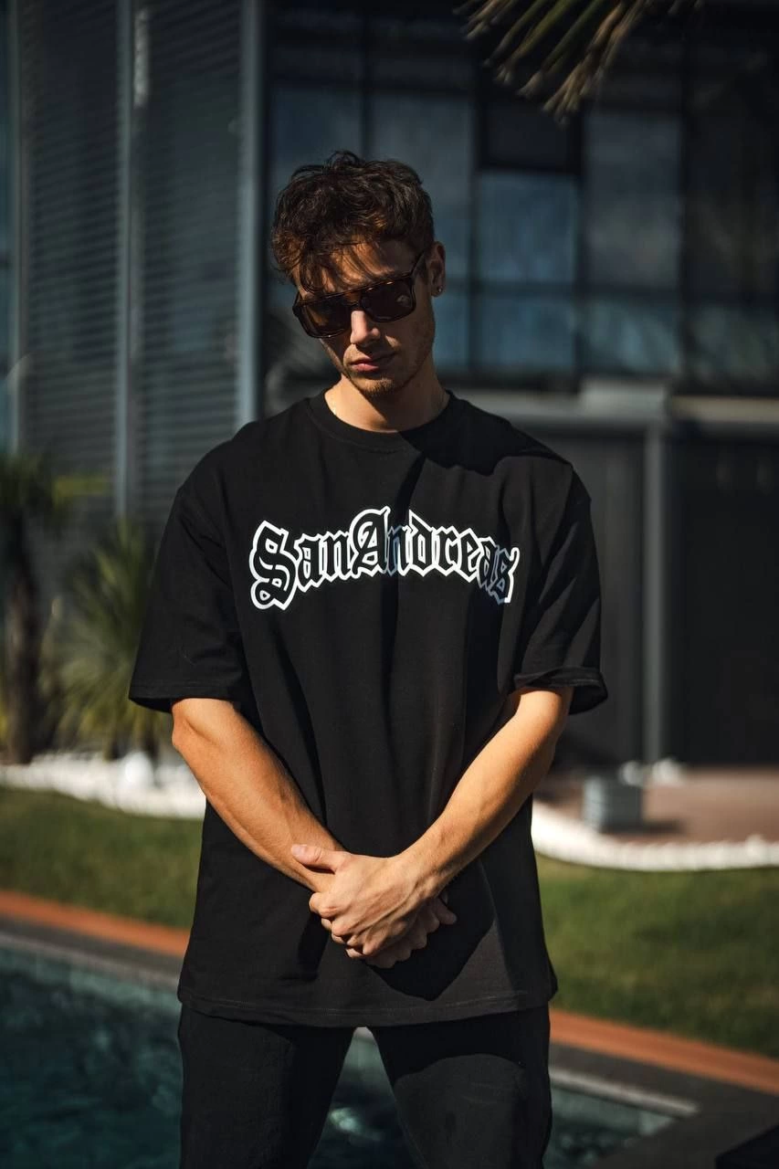 Bisiklet Yaka Baskılı Oversize T-Shirt - Siyah -