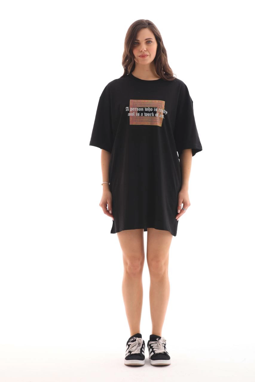 Bisiklet Yaka Baskılı Oversize T-Shirt - Siyah -