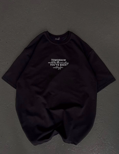 Bisiklet Yaka Baskılı Oversize T-Shirt - Siyah -